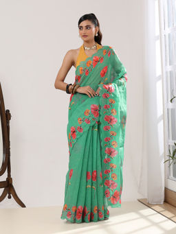 Garden VARELI - Women Green Khadi Floral Embroidered Printed Saree with Unstitched Blouse