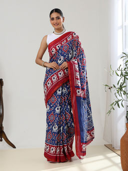 Garden VARELI - Women Navy Blue Pure Cotton Kalamkari Saree with Unstitched Blouse