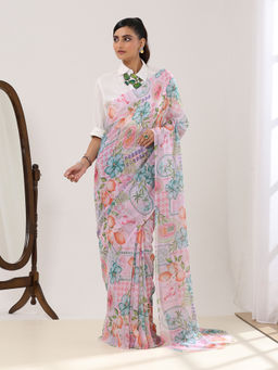 Garden VARELI - Women Pink Georgette Floral Printed Saree with Unstitched Blouse