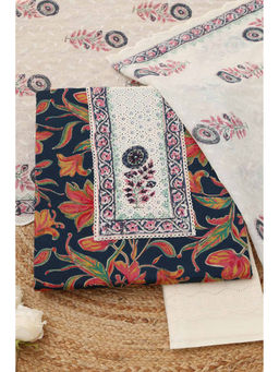 Soch - Navy Blue Floral Block Printed Unstitched Kurta with Bottom and Dupatta