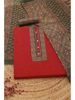 Soch - Red Printed Mirror Work Unstitched Kurta with Bottom and Dupatta