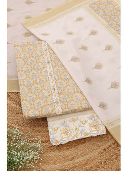 Soch - Yellow Floral Block Printed Unstitched Kurta with Bottom and Dupatta