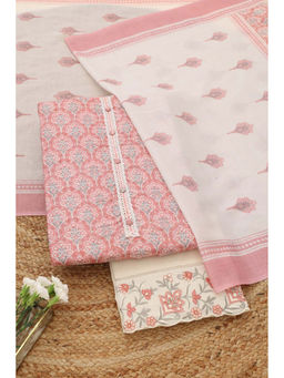 Soch - Peach Floral Block Printed Unstitched Kurta with Bottom and Dupatta