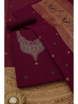 Soch - Wine Floral Woven Unstitched Kurta with Bottom and Dupatta