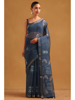 Soch - Navy Blue Chanderi Batik Printed Saree with Unstitched Blouse
