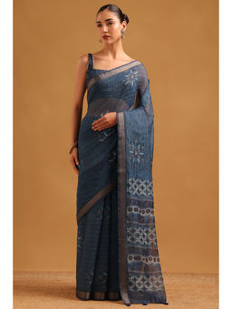 Soch - Navy Blue Chanderi Batik Printed Saree with Unstitched Blouse