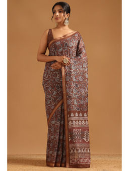 Soch - Brown Chanderi Digital Floral Printed Botanical Saree with Unstitched Blouse