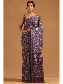 Soch - Purple Chanderi Warli Digital Printed Saree with Unstitched Blouse