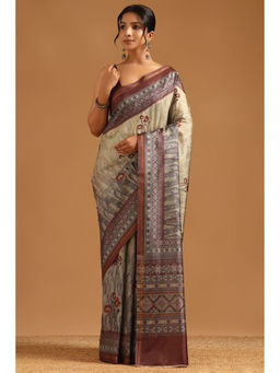 Soch - Beige Art Silk Botanical Digital Printed Saree with Unstitched Blouse