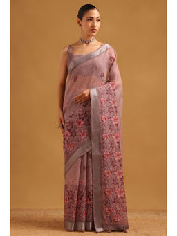 Soch - Pink Linen Botanical Digital Floral Printed Saree with Unstitched Blouse