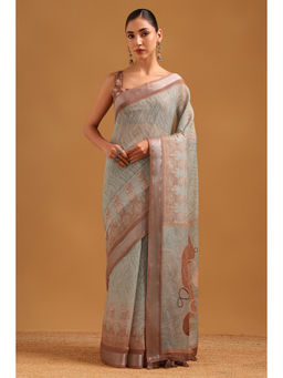 Soch - Light Green Linen Digital Printed Botanical Saree with Unstitched Blouse