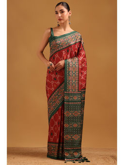 Soch - Red Tussar Ikat Printed Saree with Unstitched Blouse
