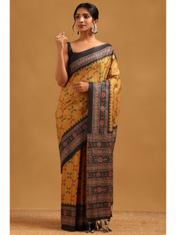 Soch - Mustard Tussar Ikat Printed Saree with Unstitched Blouse