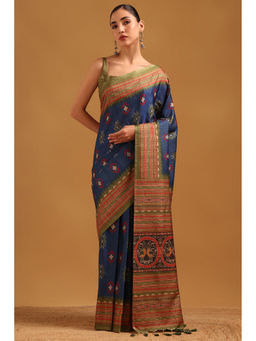 Soch - Blue Tussar Ikat Printed Saree with Unstitched Blouse