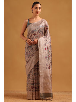 Soch - Beige Tussar Kantha Printed Embroidered Warli Saree with Unstitched Blouse