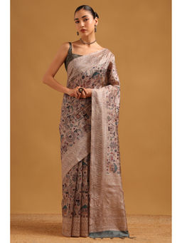 Soch - Beige Tussar Kantha Printed Embroidered Warli Saree with Unstitched Blouse