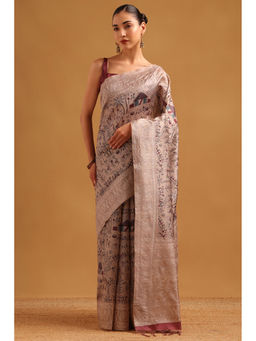 Soch - Beige Tussar Kantha Printed Embroidered Warli Saree with Unstitched Blouse