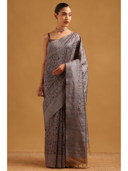 Soch - Grey Tussar Kantha Printed Embroidered Warli Saree with Unstitched Blouse