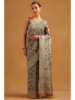Soch - Green Tussar Kantha Printed Embroidered Warli Saree with Unstitched Blouse