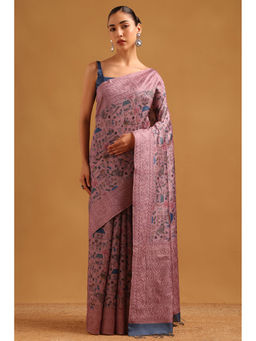 Soch - Purple Tussar Kantha Printed Embroidered Warli Saree with Unstitched Blouse