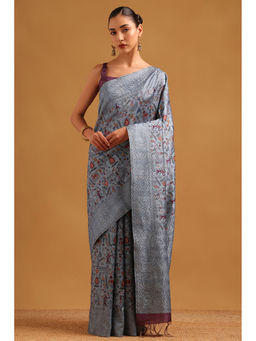 Soch - Blue Tussar Kantha Printed Embroidered Warli Saree with Unstitched Blouse
