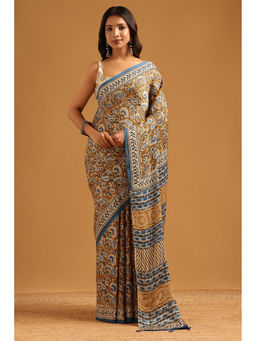 Soch - Brown Modal Silk Floral Kalamkari Printed Saree with Unstitched Blouse