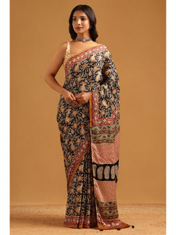 Soch - Black Modal Silk Floral Kalamkari Printed Saree with Unstitched Blouse