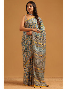 Soch - Blue Modal Silk Floral Kalamkari Printed Saree with Unstitched Blouse