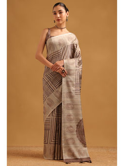 Soch - Beige Tussar Floral Printed Saree with Unstitched Blouse