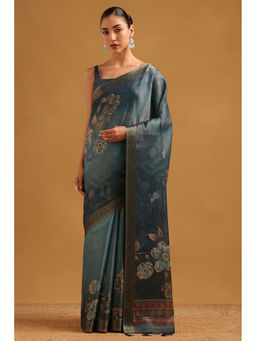 Soch - Teal Tissue Botanical Floral Printed Saree with Unstitched Blouse