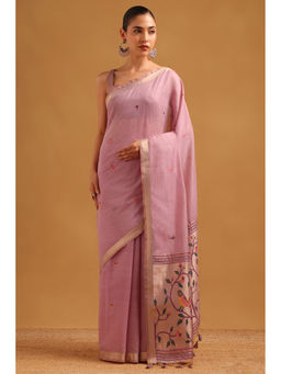 Soch - Pink Chanderi Bird Motifs Woven Design Saree with Unstitched Blouse