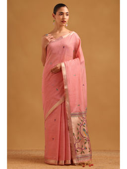 Soch - Peach Chanderi Bird Motifs Woven Design Saree with Unstitched Blouse