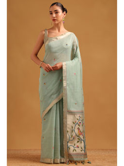 Soch - Sea Green Chanderi Bird Motifs Woven Design Saree with Unstitched Blouse
