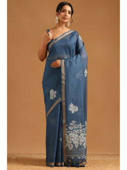 Soch - Navy Blue Chanderi Botanical Floral Woven Saree with Unstitched Blouse