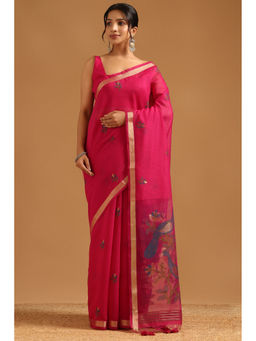 Soch - Fuchsia Pink Chanderi Bird Motifs Floral Woven Saree with Unstitched Blouse