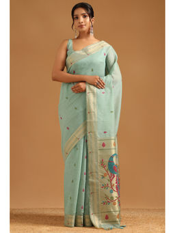 Soch - Sea Green Chanderi Bird Motifs Zari Woven Saree with Unstitched Blouse