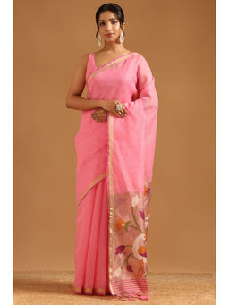 Soch - Pink Organza Brocade Bird Motifs Woven Zari Saree with Unstitched Blouse
