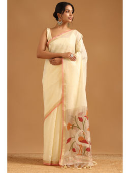 Soch - Cream Organza Brocade Bird Motifs Woven Zari Saree with Unstitched Blouse