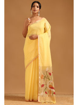 Soch - Yellow Organza Brocade Bird Motifs Woven Zari Saree with Unstitched Blouse
