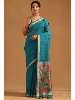 Soch - Teal Tissue Botanical Sequined Woven Saree with Unstitched Blouse