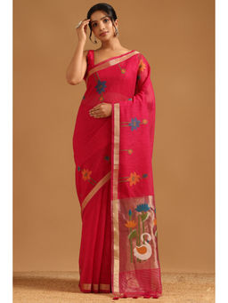 Soch - Fuchsia Pink Tissue Bird Motifs Floral Woven Saree with Unstitched Blouse