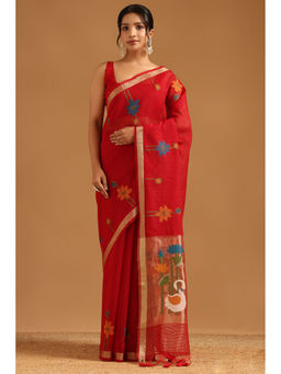 Soch - Red Tissue Bird Motifs Floral Woven Saree with Unstitched Blouse