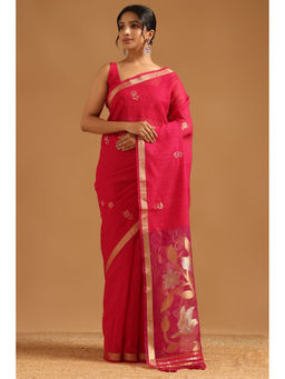 Soch - Fuchsia Pink Organza Botanical Floral Woven Saree with Unstitched Blouse