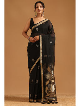 Soch - Black Organza Botanical Floral Woven Saree with Unstitched Blouse