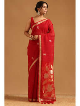 Soch - Red Organza Botanical Floral Woven Saree with Unstitched Blouse