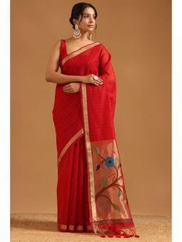 Soch - Red Tissue Botanical Woven Embellished Saree with Unstitched Blouse