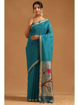 Soch - Teal Tissue Botanical Woven Embellished Saree with Unstitched Blouse