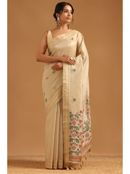 Soch - Beige Tissue Botanical Floral Woven Saree with Unstitched Blouse