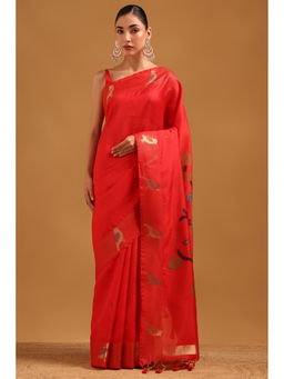 Soch - Red Tussar Zari Woven Bird Motifs Saree with Unstitched Blouse