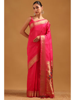 Soch - Fuchsia Pink Tussar Zari Woven Saree with Unstitched Blouse